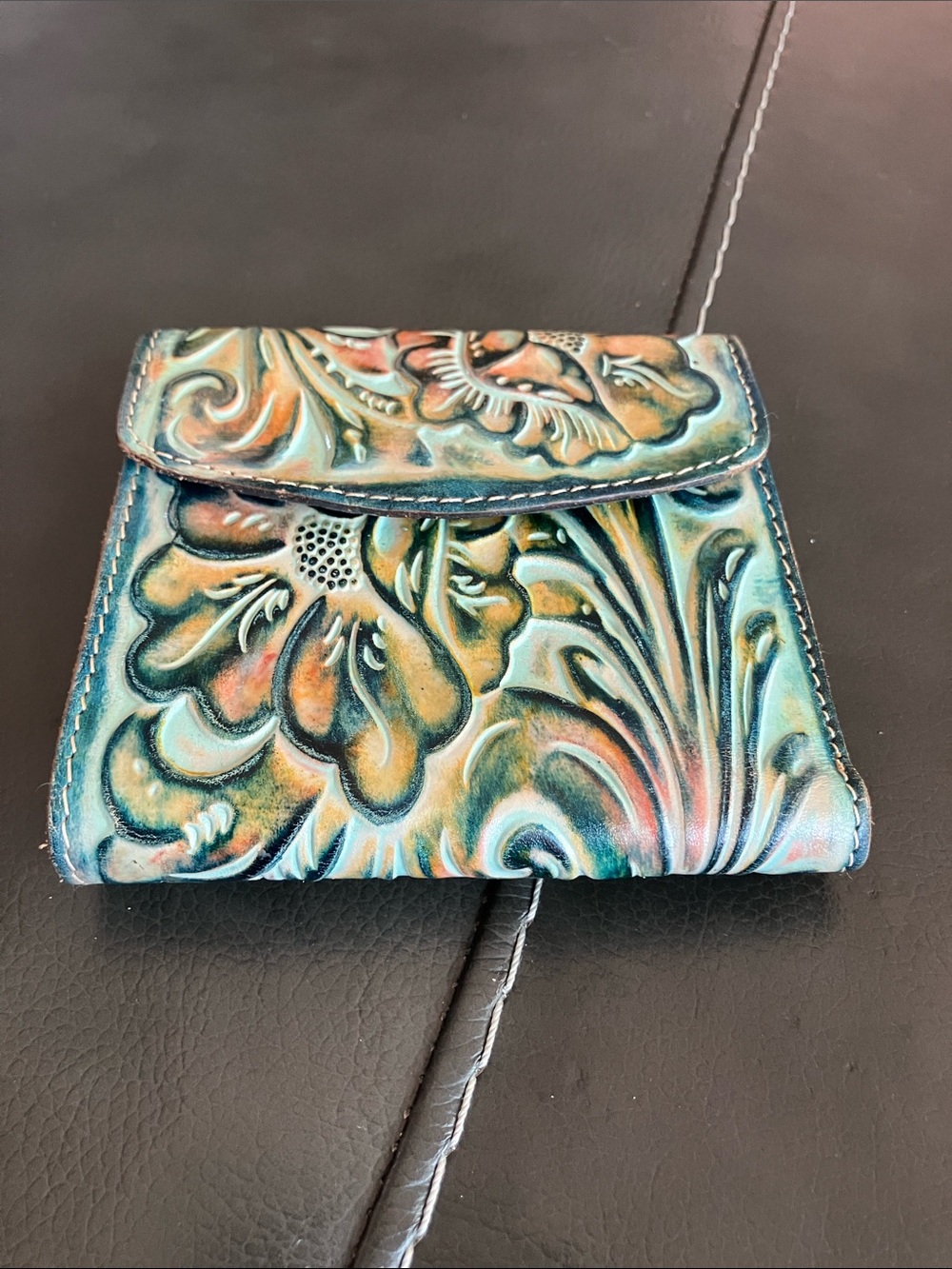 Patricia Nash Reiti Wallet RFID Tooled Italian Leather Floral Embossed Turquoise